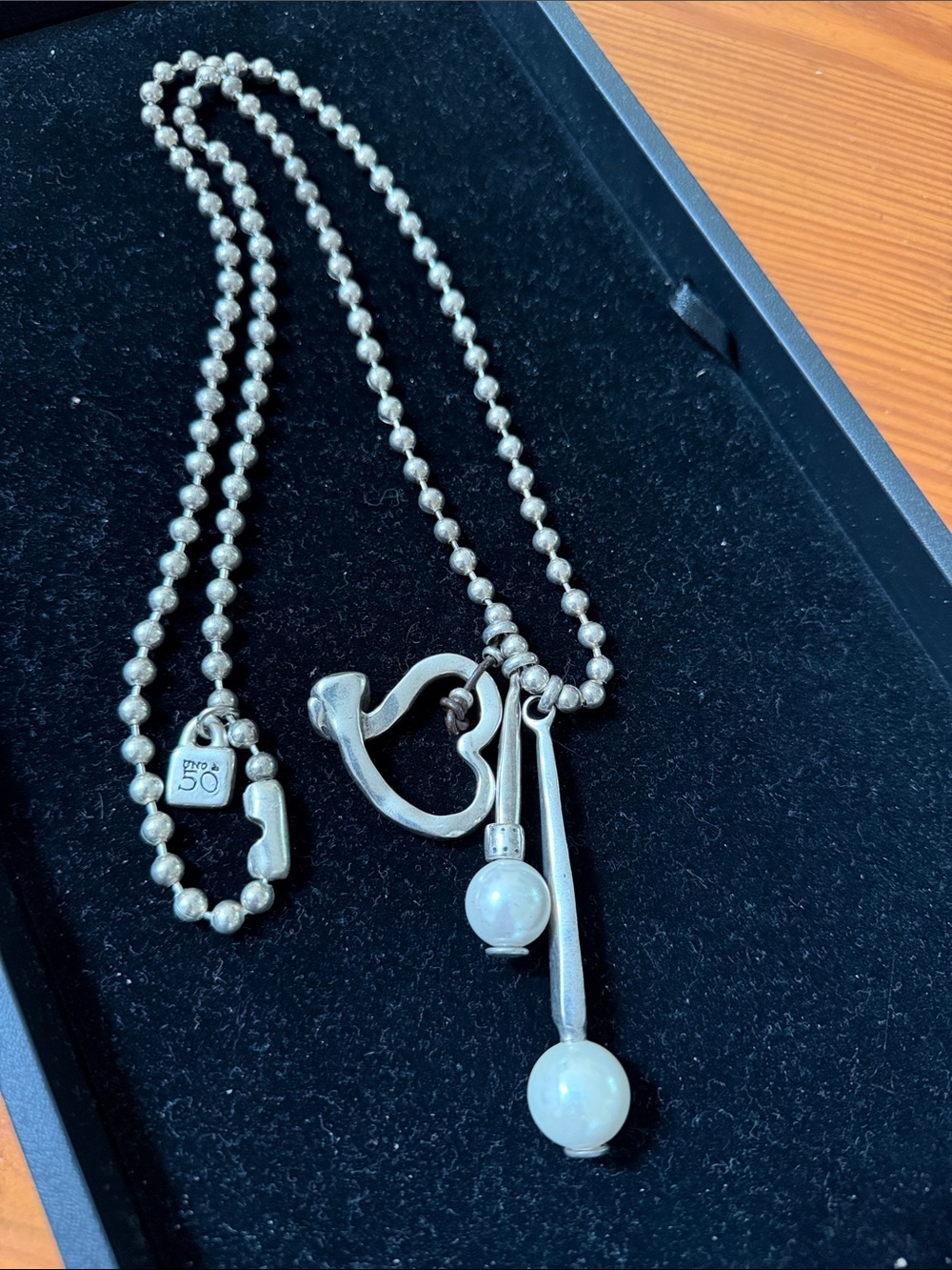 Uno de 50 Silver Plated Heart & Pearl Drop Pendant Necklace,